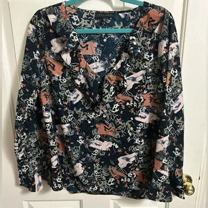 Sanctuary Blouse Blue V Neck Bell Long Sleeve Floral Medium